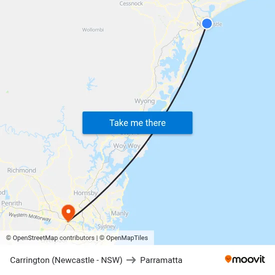 Carrington (Newcastle - NSW) to Parramatta map