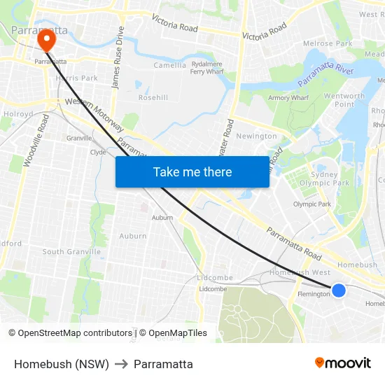 Homebush (NSW) to Parramatta map