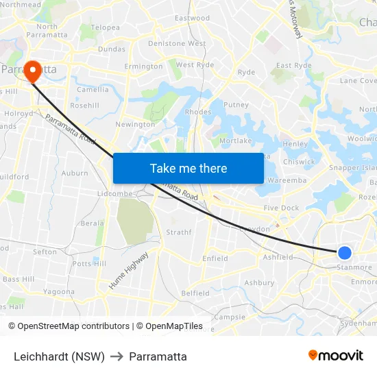 Leichhardt (NSW) to Parramatta map