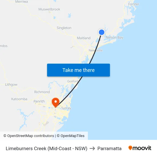 Limeburners Creek (Mid-Coast - NSW) to Parramatta map