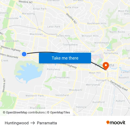 Huntingwood to Parramatta map