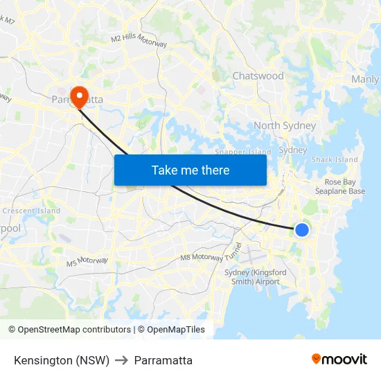 Kensington (NSW) to Parramatta map