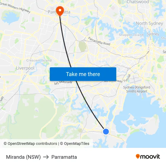 Miranda (NSW) to Parramatta map