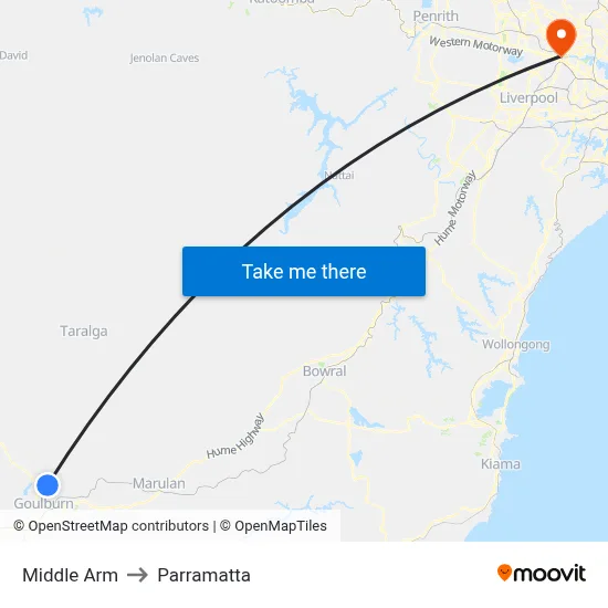 Middle Arm to Parramatta map