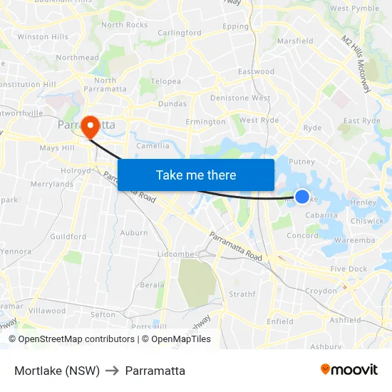 Mortlake (NSW) to Parramatta map