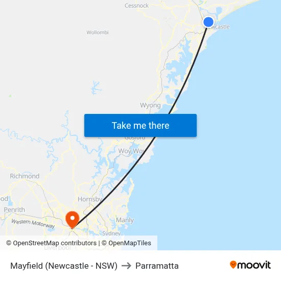 Mayfield (Newcastle - NSW) to Parramatta map