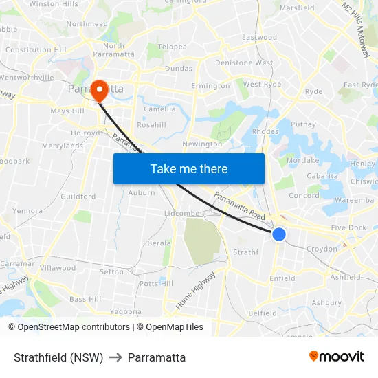 Strathfield (NSW) to Parramatta map