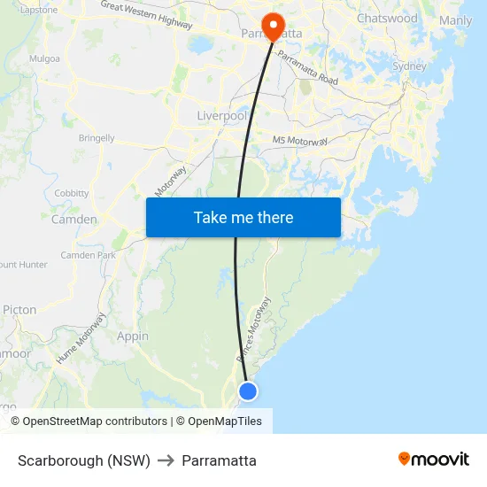 Scarborough (NSW) to Parramatta map