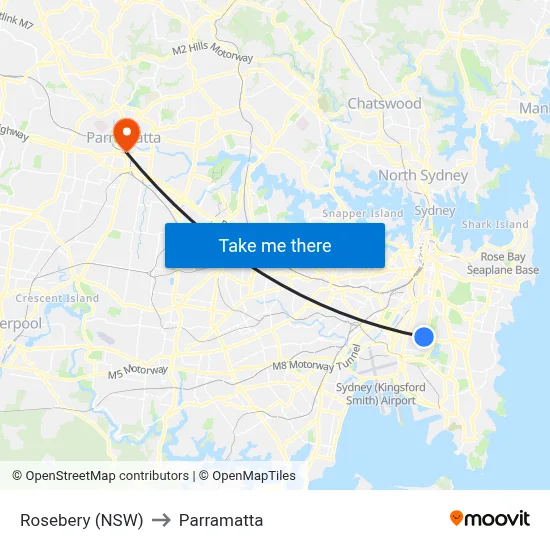 Rosebery (NSW) to Parramatta map