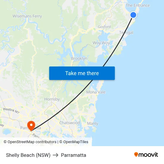 Shelly Beach (NSW) to Parramatta map