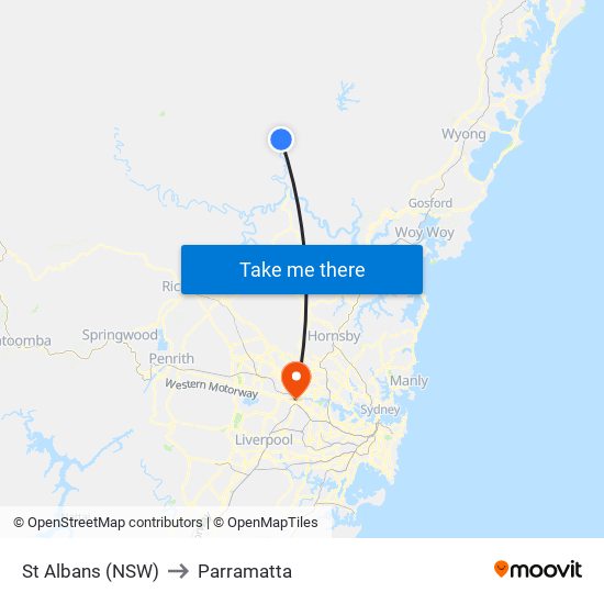 St Albans (NSW) to Parramatta map