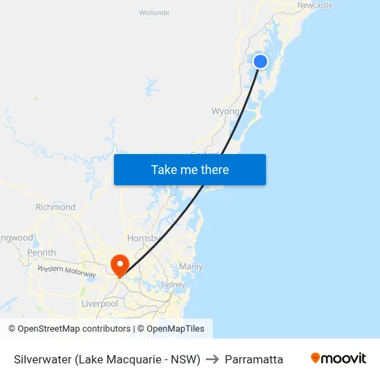 Silverwater (Lake Macquarie - NSW) to Parramatta map
