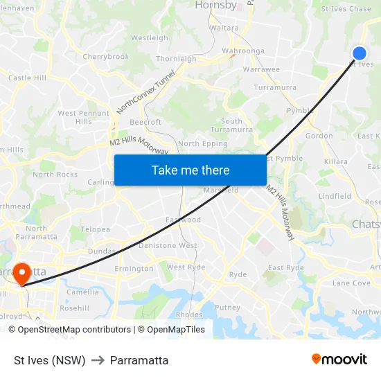 St Ives (NSW) to Parramatta map