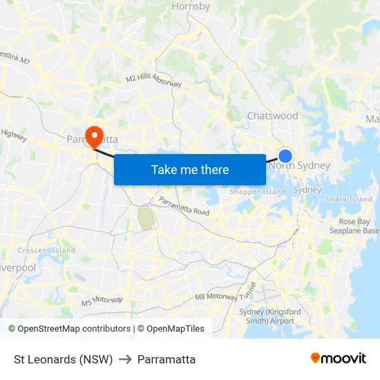 St Leonards (NSW) to Parramatta map