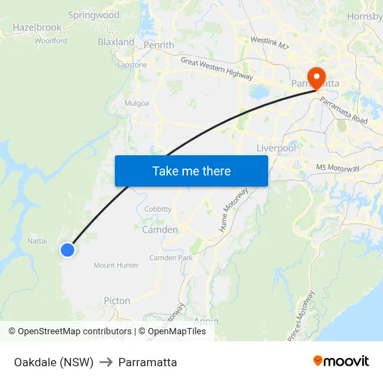 Oakdale (NSW) to Parramatta map