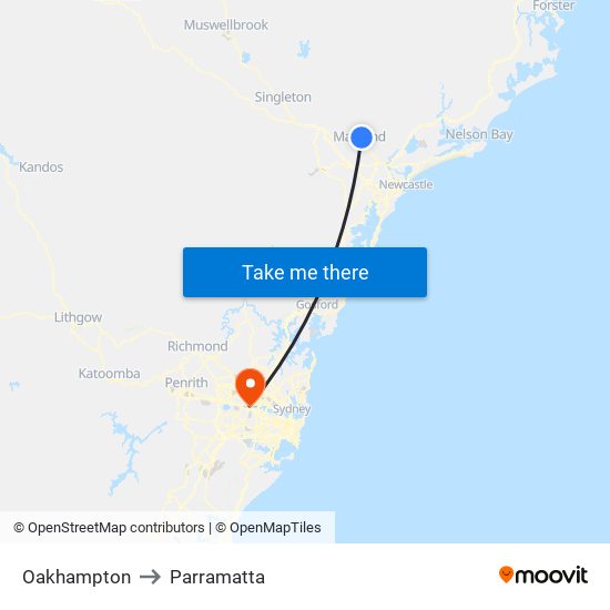 Oakhampton to Parramatta map