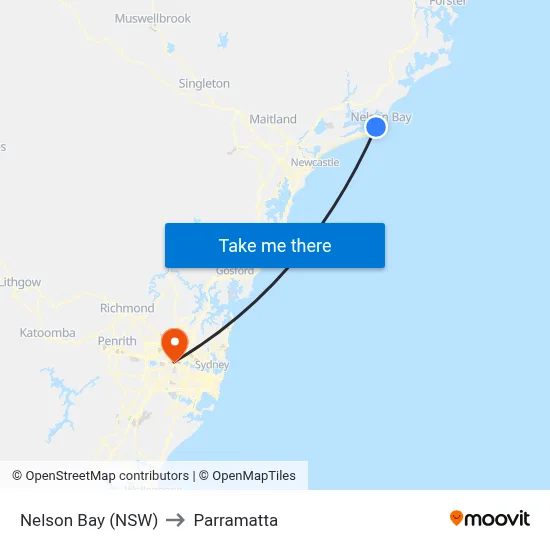 Nelson Bay (NSW) to Parramatta map