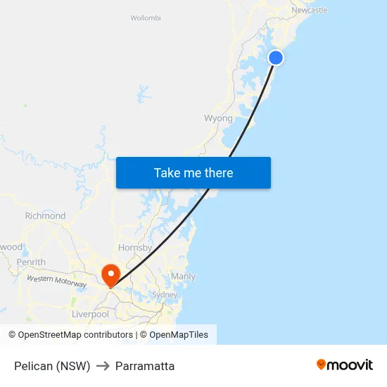 Pelican (NSW) to Parramatta map