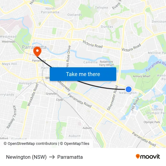 Newington (NSW) to Parramatta map