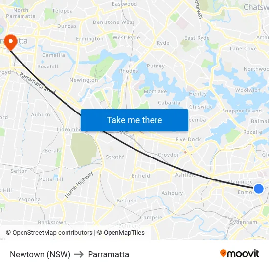 Newtown (NSW) to Parramatta map