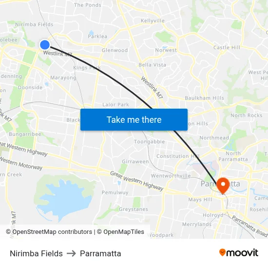 Nirimba Fields to Parramatta map