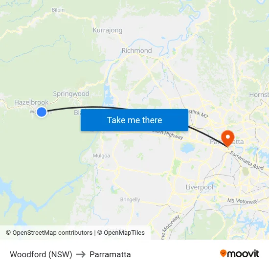 Woodford (NSW) to Parramatta map
