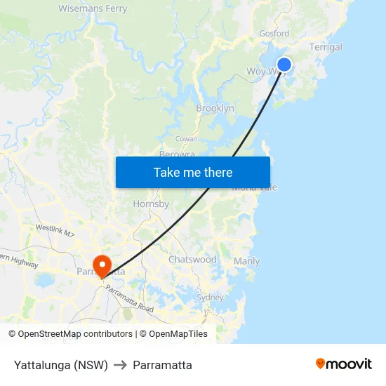 Yattalunga (NSW) to Parramatta map