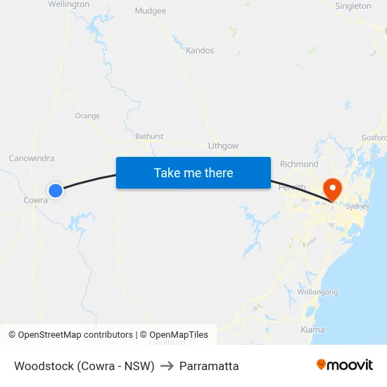 Woodstock (Cowra - NSW) to Parramatta map