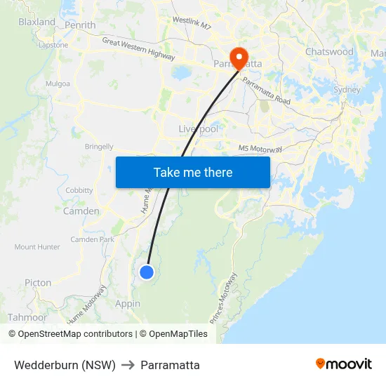 Wedderburn (NSW) to Parramatta map