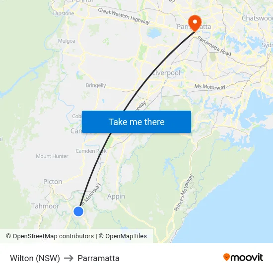 Wilton (NSW) to Parramatta map