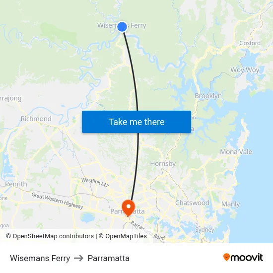 Wisemans Ferry to Parramatta map