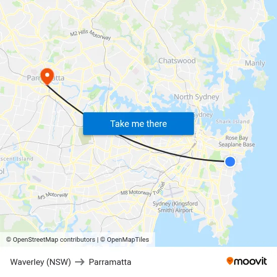 Waverley (NSW) to Parramatta map