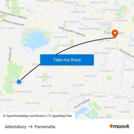 Abbotsbury to Parramatta map