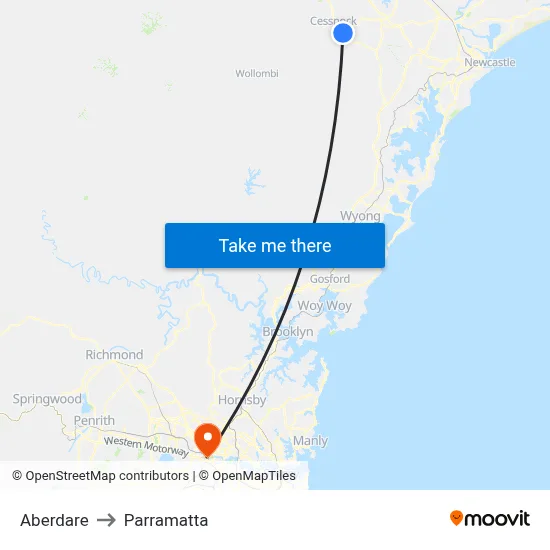 Aberdare to Parramatta map