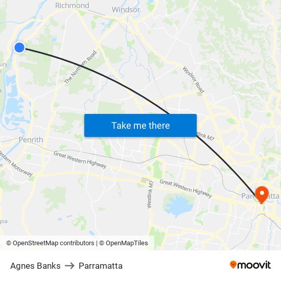 Agnes Banks to Parramatta map