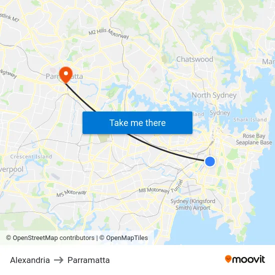 Alexandria to Parramatta map