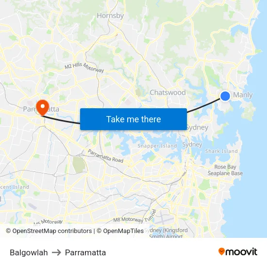Balgowlah to Parramatta map