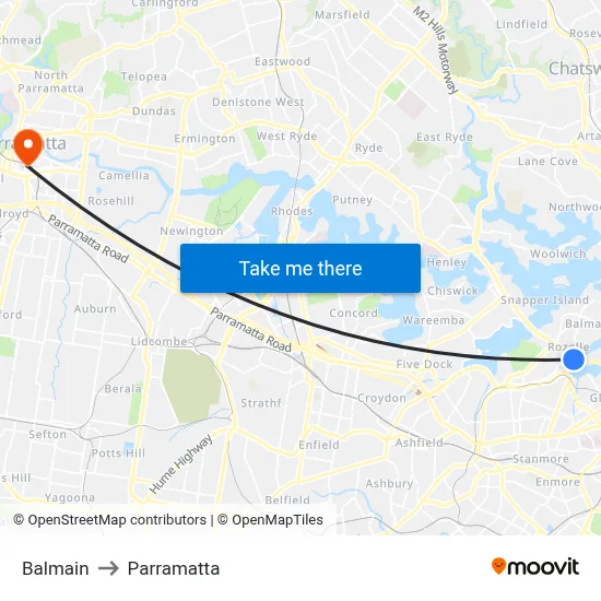 Balmain to Parramatta map