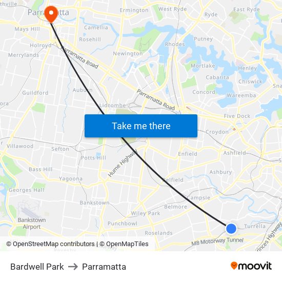 Bardwell Park to Parramatta map