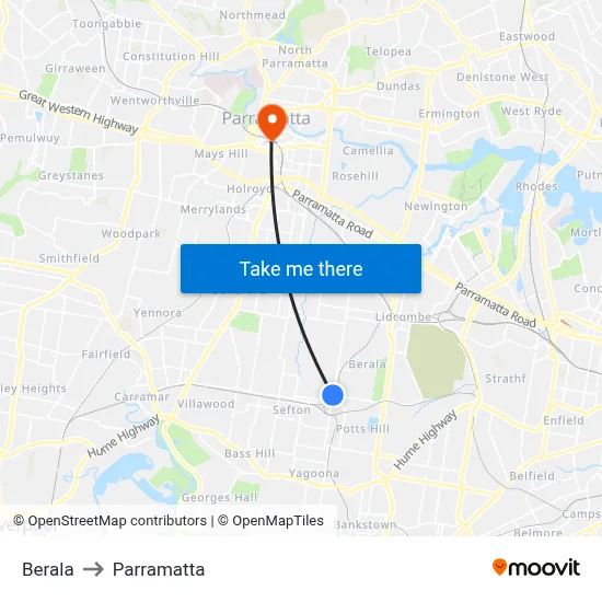 Berala to Parramatta map