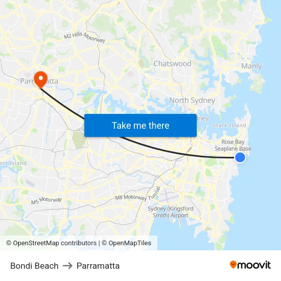 Bondi Beach to Parramatta map