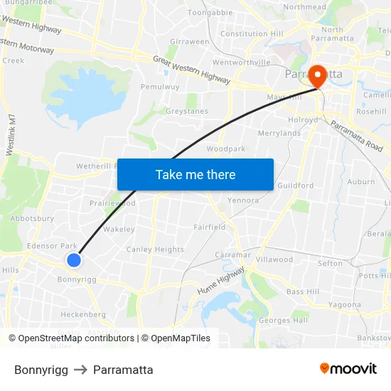 Bonnyrigg to Parramatta map