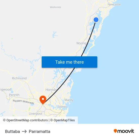 Buttaba to Parramatta map