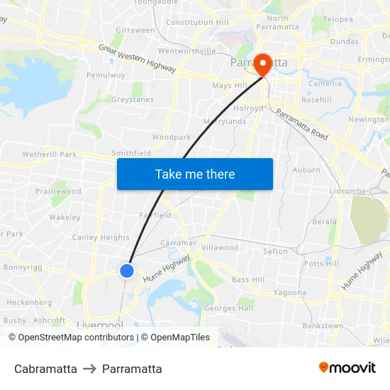 Cabramatta to Parramatta map