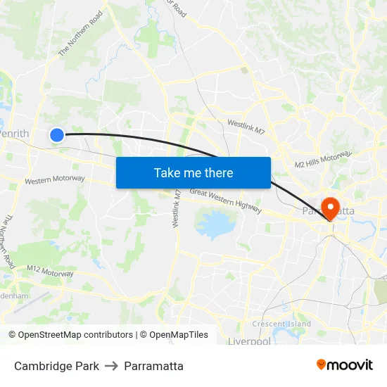 Cambridge Park to Parramatta map