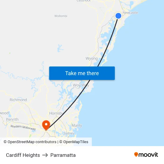 Cardiff Heights to Parramatta map