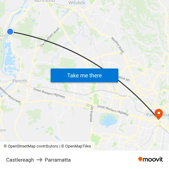 Castlereagh to Parramatta map