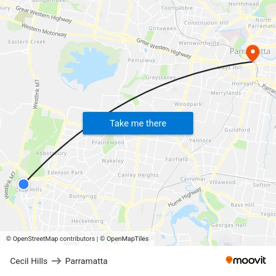 Cecil Hills to Parramatta map