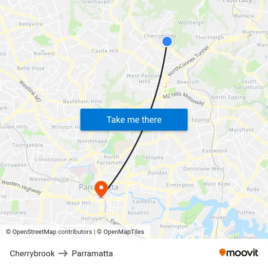 Cherrybrook to Parramatta map
