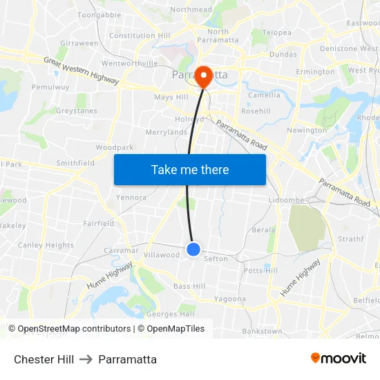 Chester Hill to Parramatta map